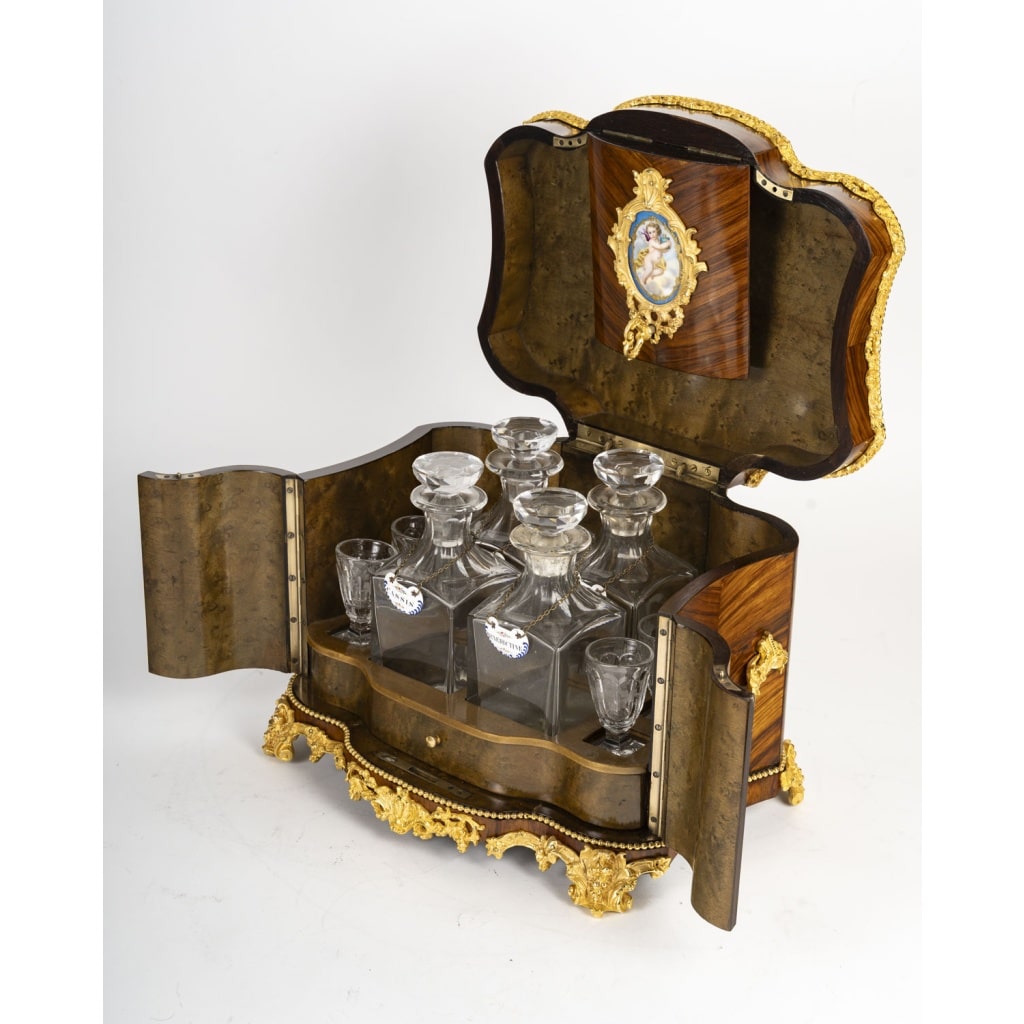 Tahan (attribué à)-coffret à Liqueurs En Bois De Rose Et Plaques De Porcelaine,1860 Circa | Biron 