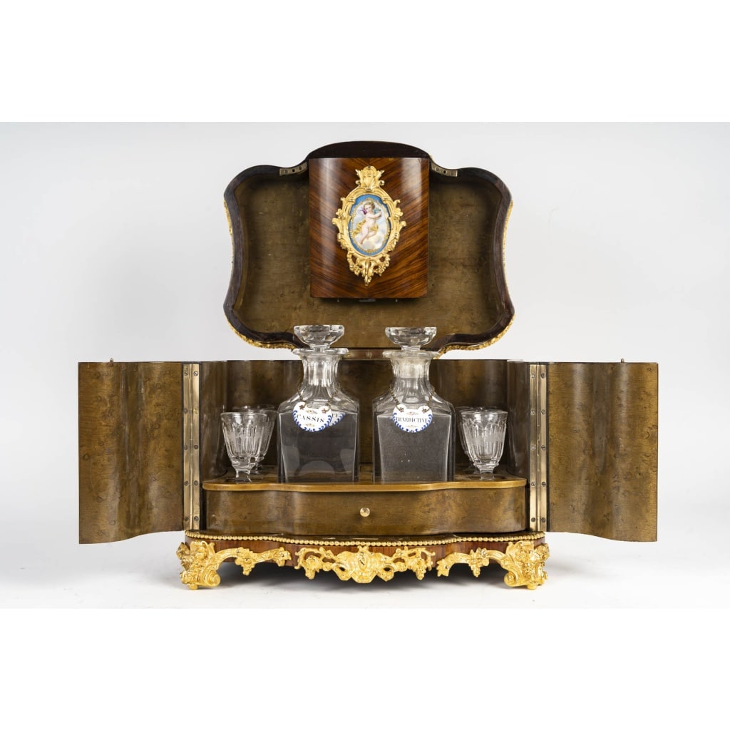 Tahan (attribué à)-coffret à Liqueurs En Bois De Rose Et Plaques De Porcelaine,1860 Circa | Biron 