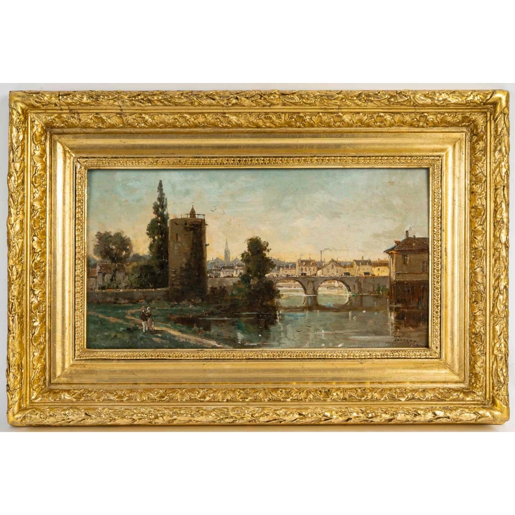 Gustave Mascart (1834-1914) Promenade bucolique au pied de la Tour à Poudre de Bruges huile sur bois vers 1900 | Biron 