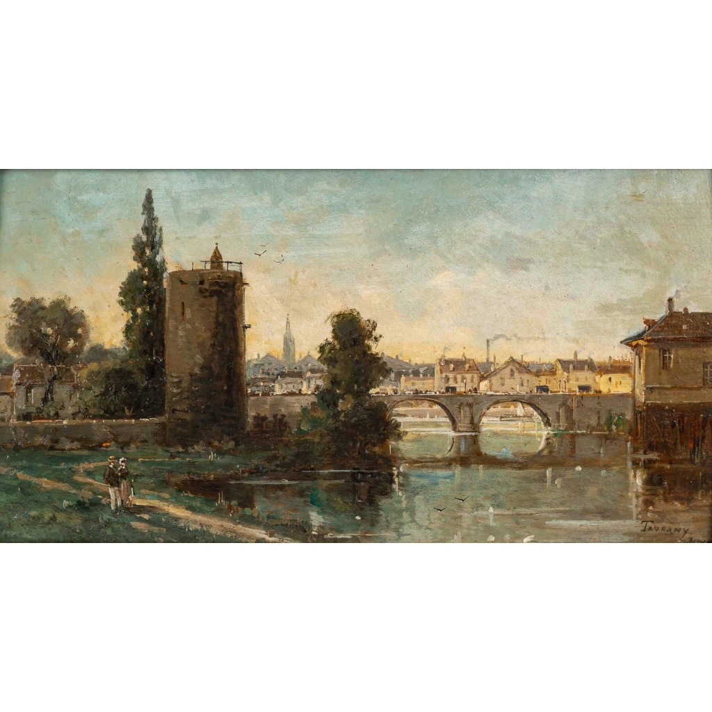 Gustave Mascart (1834-1914) Promenade bucolique au pied de la Tour à Poudre de Bruges huile sur bois vers 1900 | Biron 