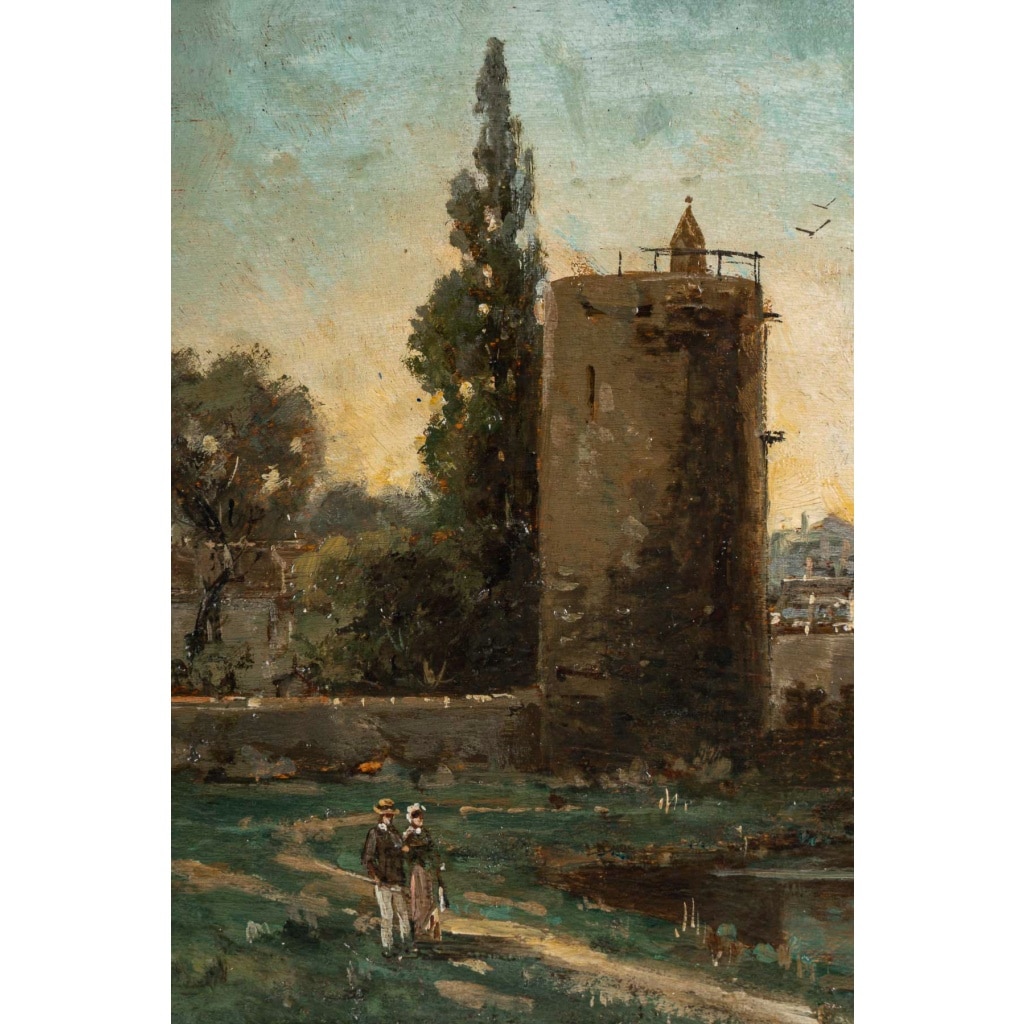 Gustave Mascart (1834-1914) Promenade bucolique au pied de la Tour à Poudre de Bruges huile sur bois vers 1900 | Biron 