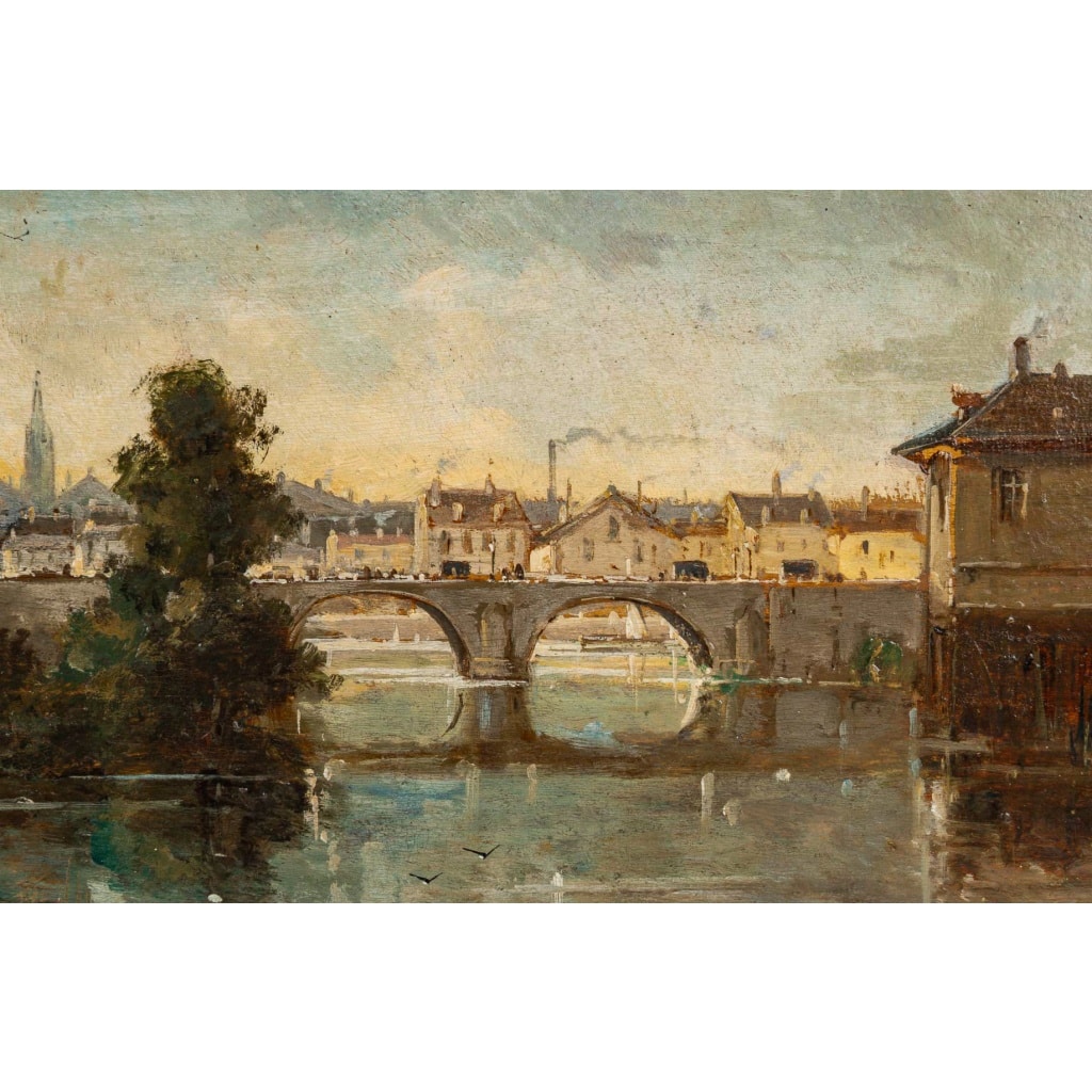 Gustave Mascart (1834-1914) Promenade bucolique au pied de la Tour à Poudre de Bruges huile sur bois vers 1900 | Biron 