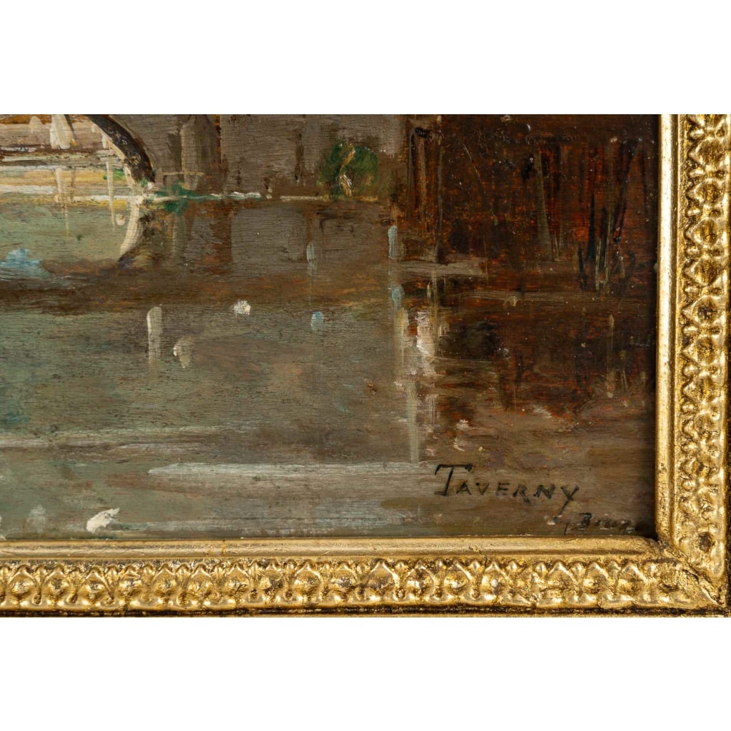 Gustave Mascart (1834-1914) Promenade bucolique au pied de la Tour à Poudre de Bruges huile sur bois vers 1900 | Biron 