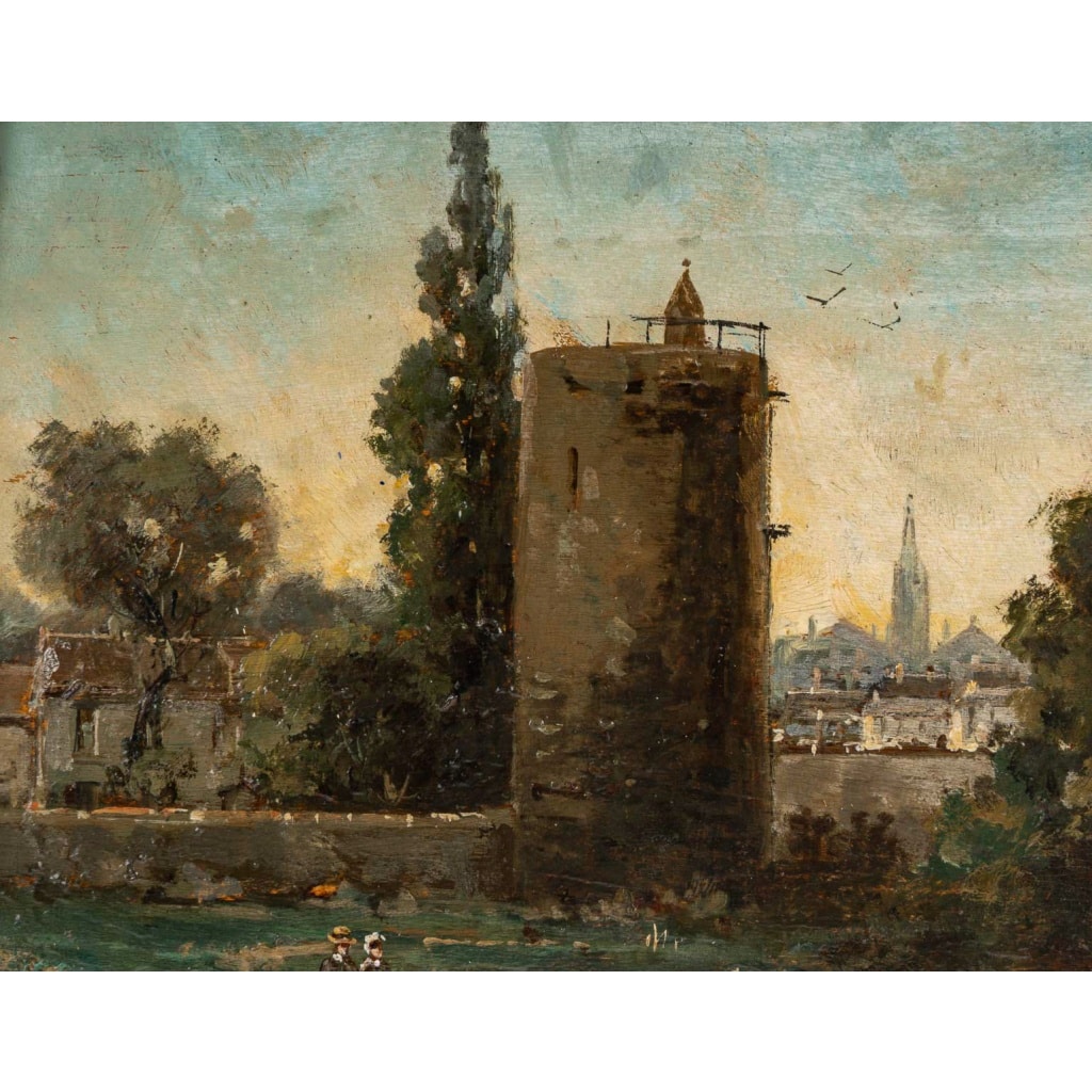 Gustave Mascart (1834-1914) Promenade bucolique au pied de la Tour à Poudre de Bruges huile sur bois vers 1900 | Biron 
