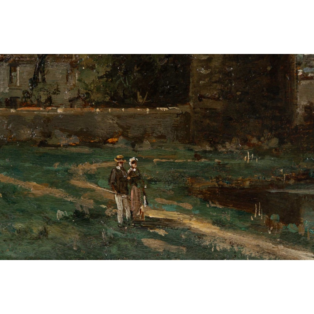Gustave Mascart (1834-1914) Promenade bucolique au pied de la Tour à Poudre de Bruges huile sur bois vers 1900 | Biron 