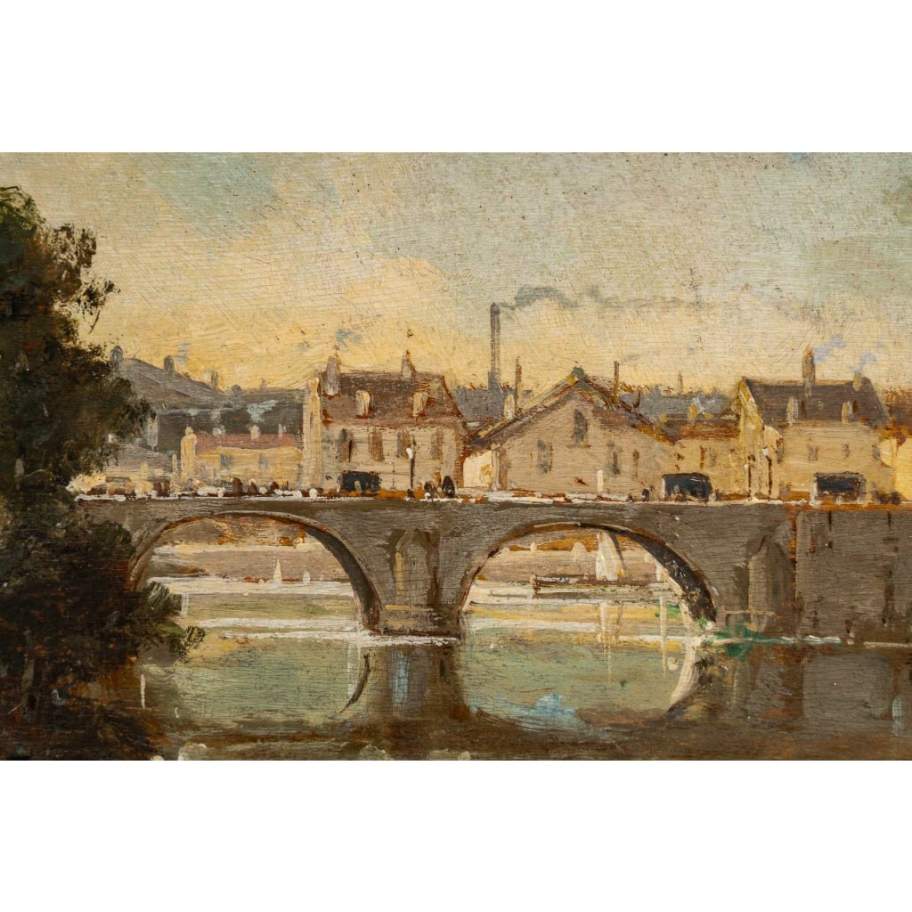 Gustave Mascart (1834-1914) Promenade bucolique au pied de la Tour à Poudre de Bruges huile sur bois vers 1900 | Biron 