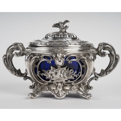 Sucrier ancien en argent massif et cristal bleu cobalt – Style Napoléon III – France XIXe