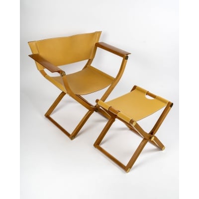 Fauteuil Et Tabouret Pliants "Pippa" Cuir Et Bois de HERMES
