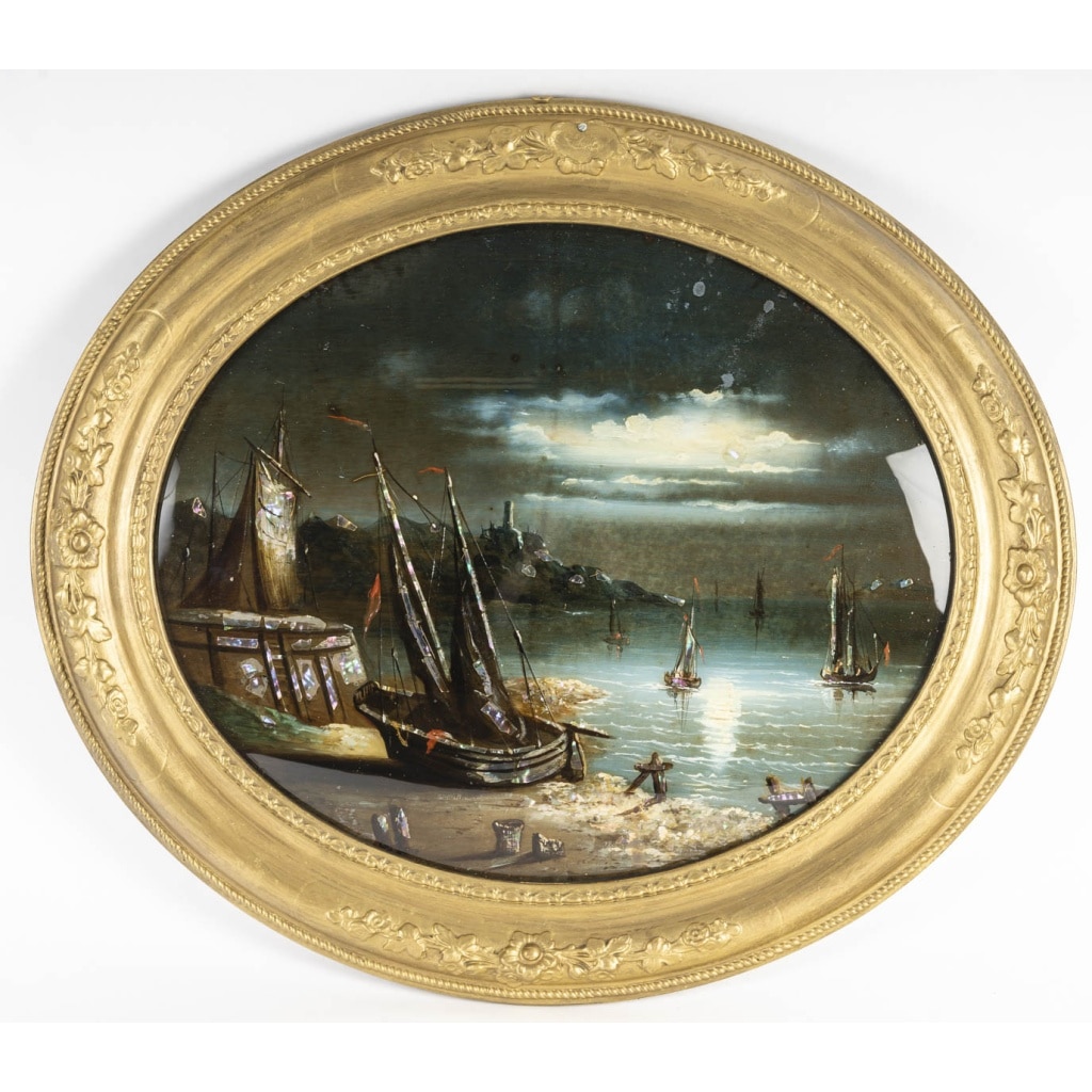 Marine, au Clair de Lune-Fixé sous-verre d’Epoque Louis-Philippe, circa 1840. | Biron 