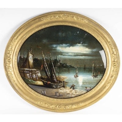 Marine, au Clair de Lune-Fixé sous-verre d'Epoque Louis-Philippe, circa 1840.