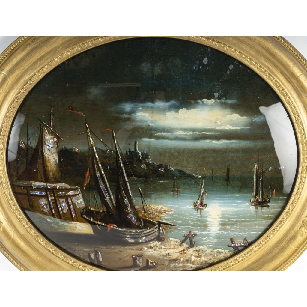 Marine, au Clair de Lune-Fixé sous-verre d’Epoque Louis-Philippe, circa 1840. | Biron 