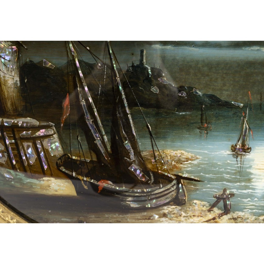 Marine, au Clair de Lune-Fixé sous-verre d’Epoque Louis-Philippe, circa 1840. | Biron 