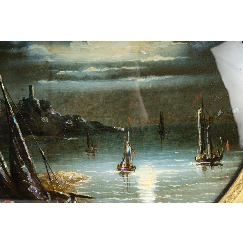 Marine, au Clair de Lune-Fixé sous-verre d’Epoque Louis-Philippe, circa 1840. | Biron 