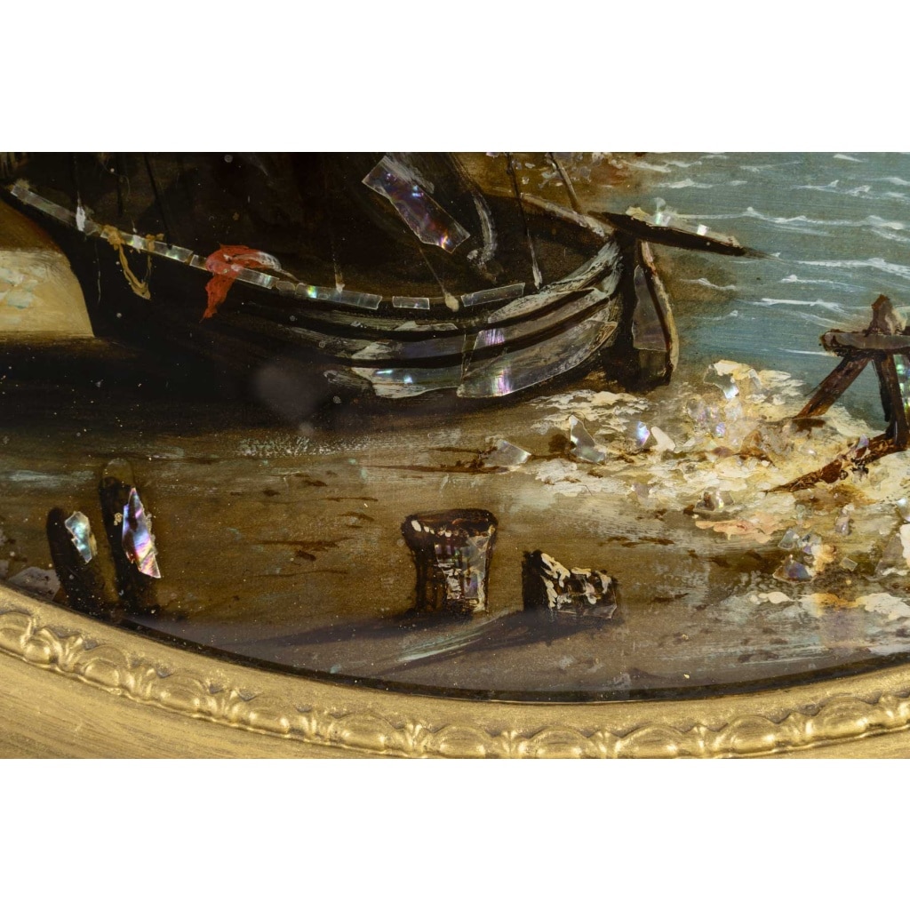 Marine, au Clair de Lune-Fixé sous-verre d’Epoque Louis-Philippe, circa 1840. | Biron 