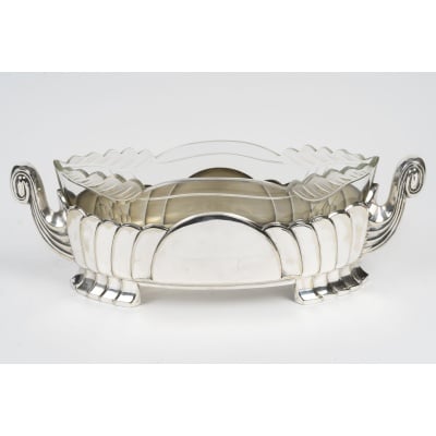 Coupe Centre De Table Art Déco En Cristal Taillé Et Métal Argenté – France, Circa 1930