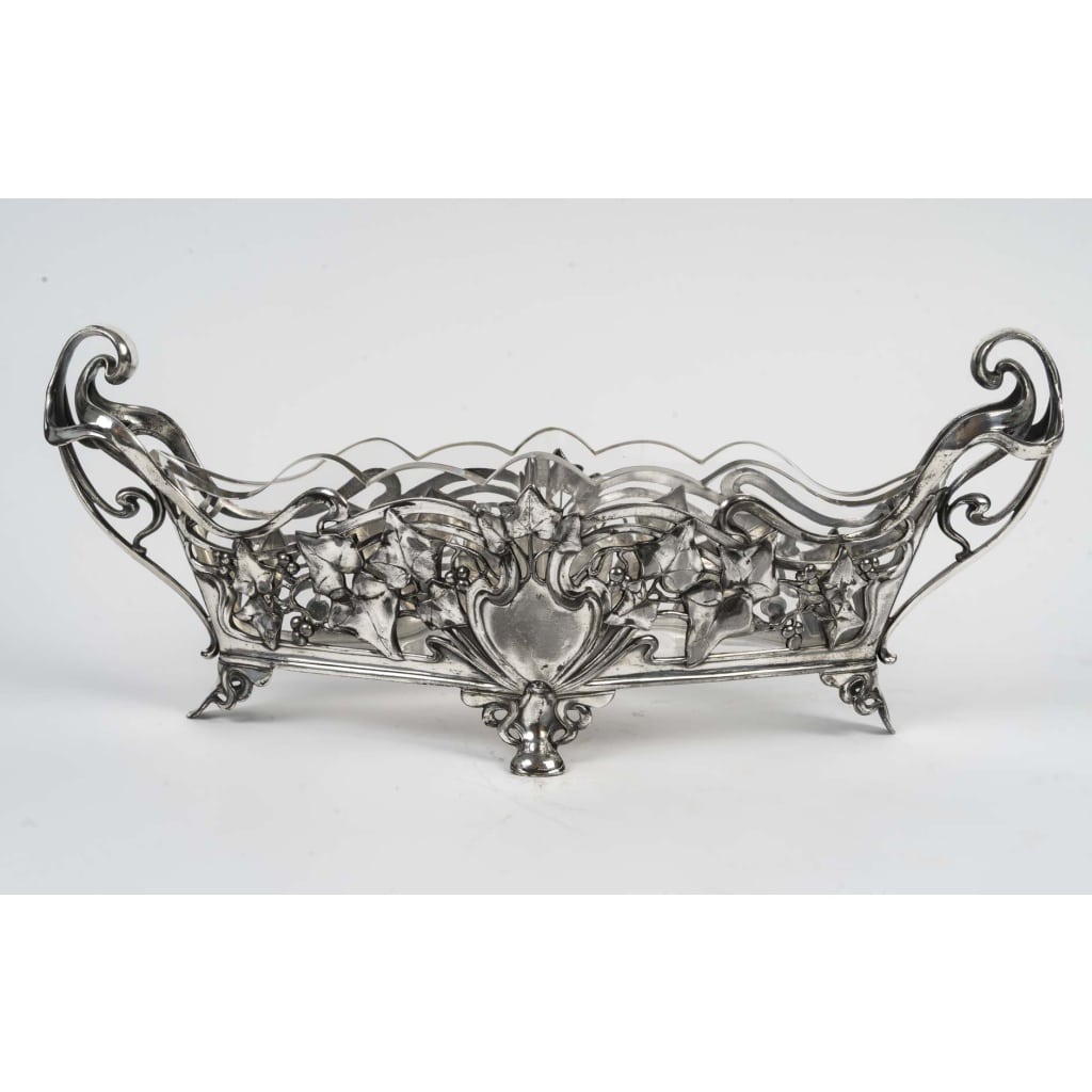 Coupe En Cristal Et Métal Argenté – Art Nouveau, Vers 1900 – Motifs Floraux Et Lianes Stylisées | Biron 