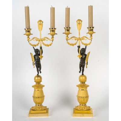 François Louis Savart - Paire de candélabres en bronze à décor d’Amours ailés, époque Empire