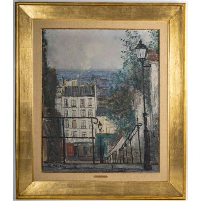 Serge Belloni (1925-2005) L’escalier de la rue du Calvaire à Montmartre huile sur toile vers 1953
