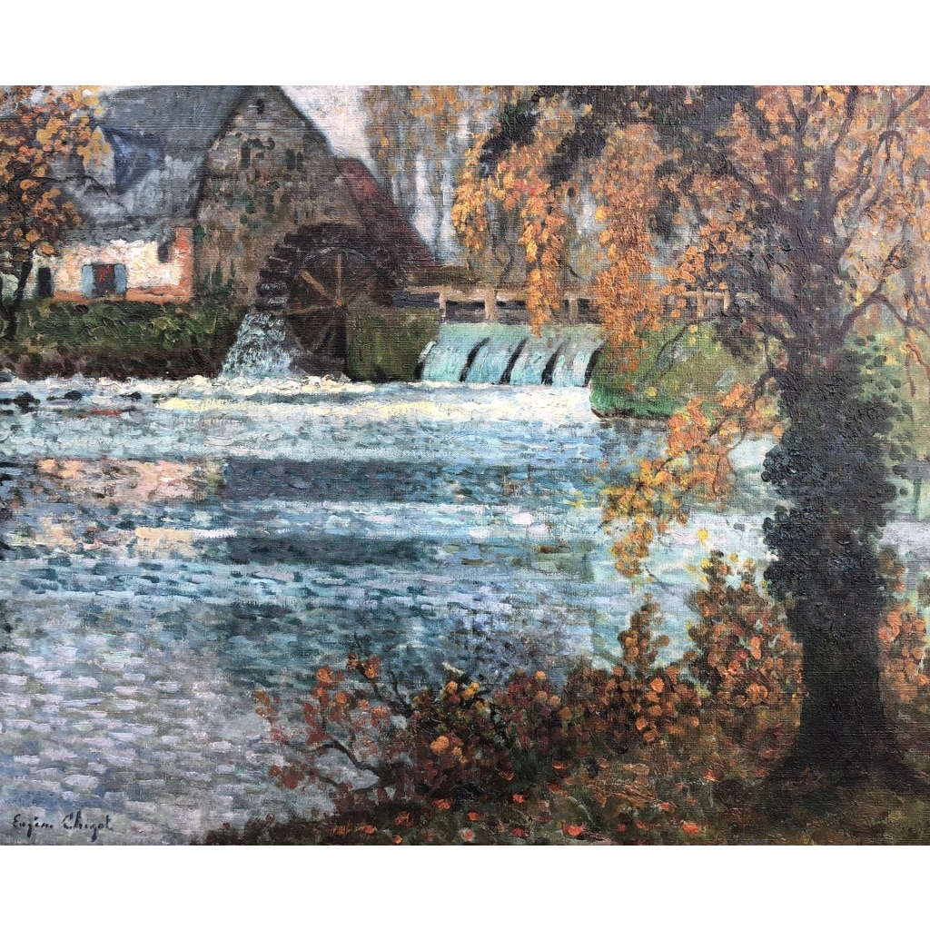 CHIGOT Eugène Tableau Français Le moulin à eau sur la rivière Huile sur toile signée Certificat | Biron 