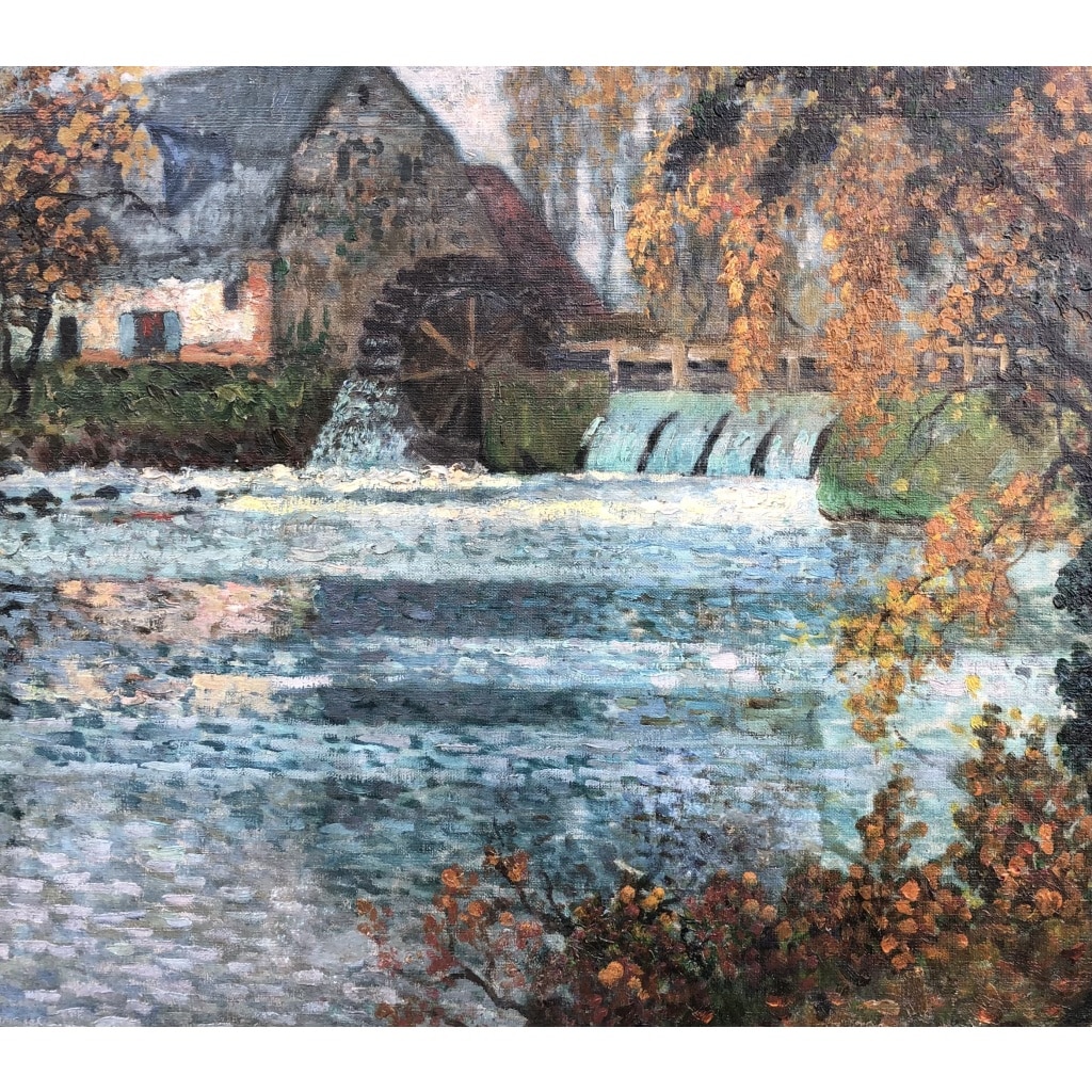 CHIGOT Eugène Tableau Français Le moulin à eau sur la rivière Huile sur toile signée Certificat | Biron 