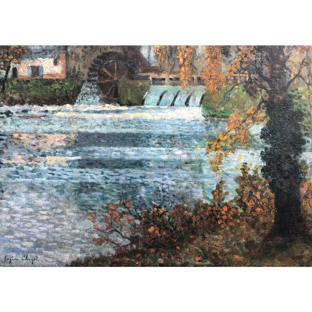 CHIGOT Eugène Tableau Français Le moulin à eau sur la rivière Huile sur toile signée Certificat | Biron 