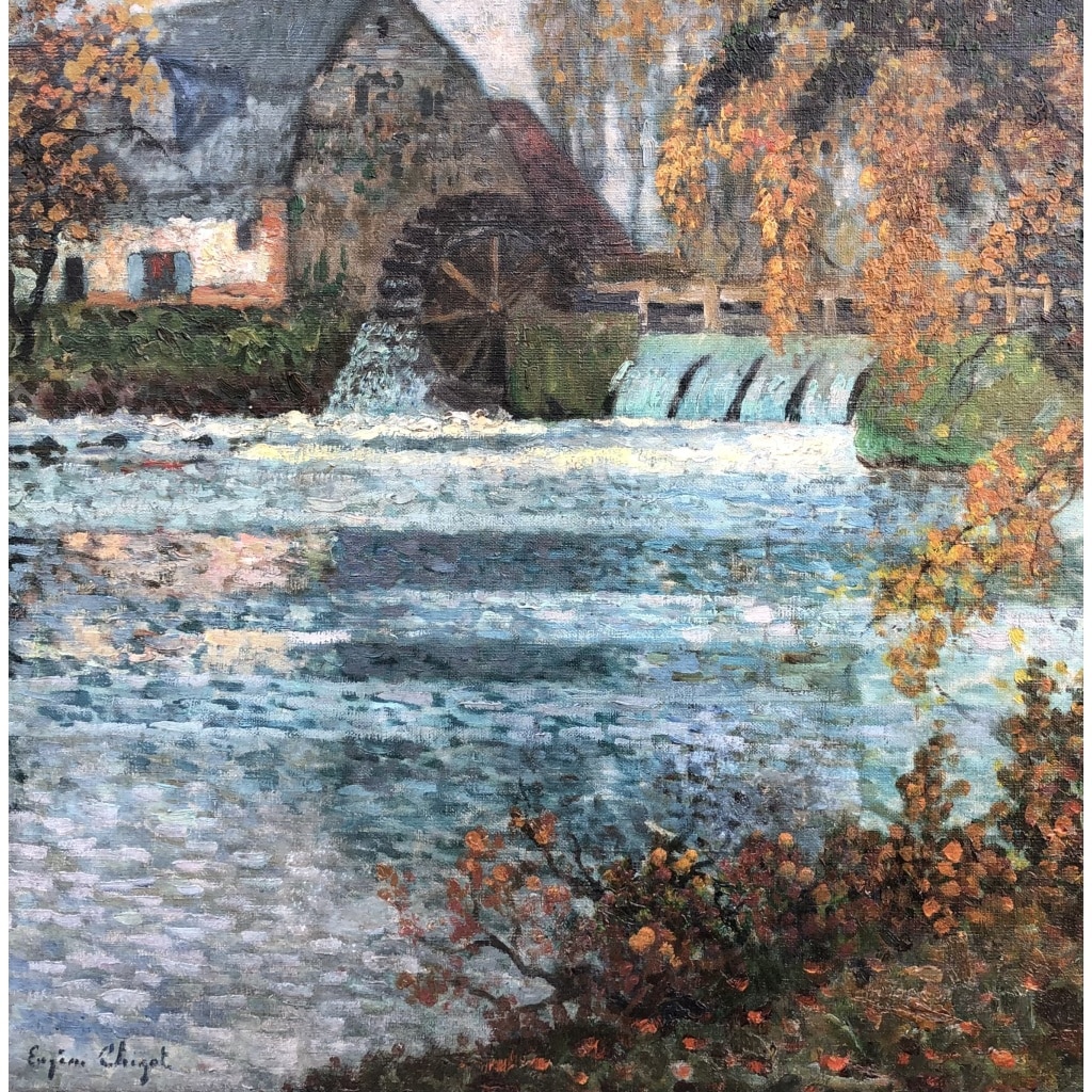 CHIGOT Eugène Tableau Français Le moulin à eau sur la rivière Huile sur toile signée Certificat | Biron 