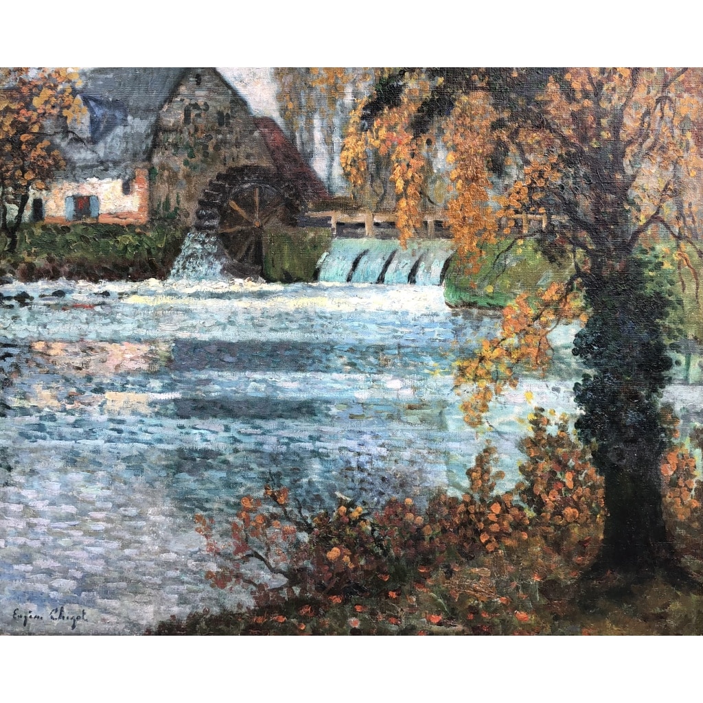 CHIGOT Eugène Tableau Français Le moulin à eau sur la rivière Huile sur toile signée Certificat | Biron 