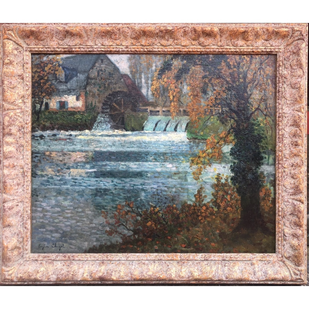 CHIGOT Eugène Tableau Français Le moulin à eau sur la rivière Huile sur toile signée Certificat | Biron 