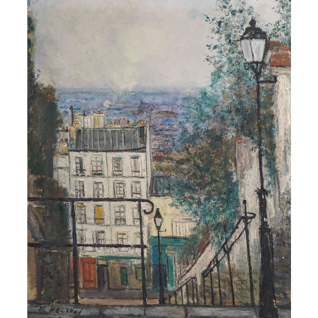 Serge Belloni (1925-2005) L’escalier de la rue du Calvaire à Montmartre huile sur toile vers 1953 | Biron 