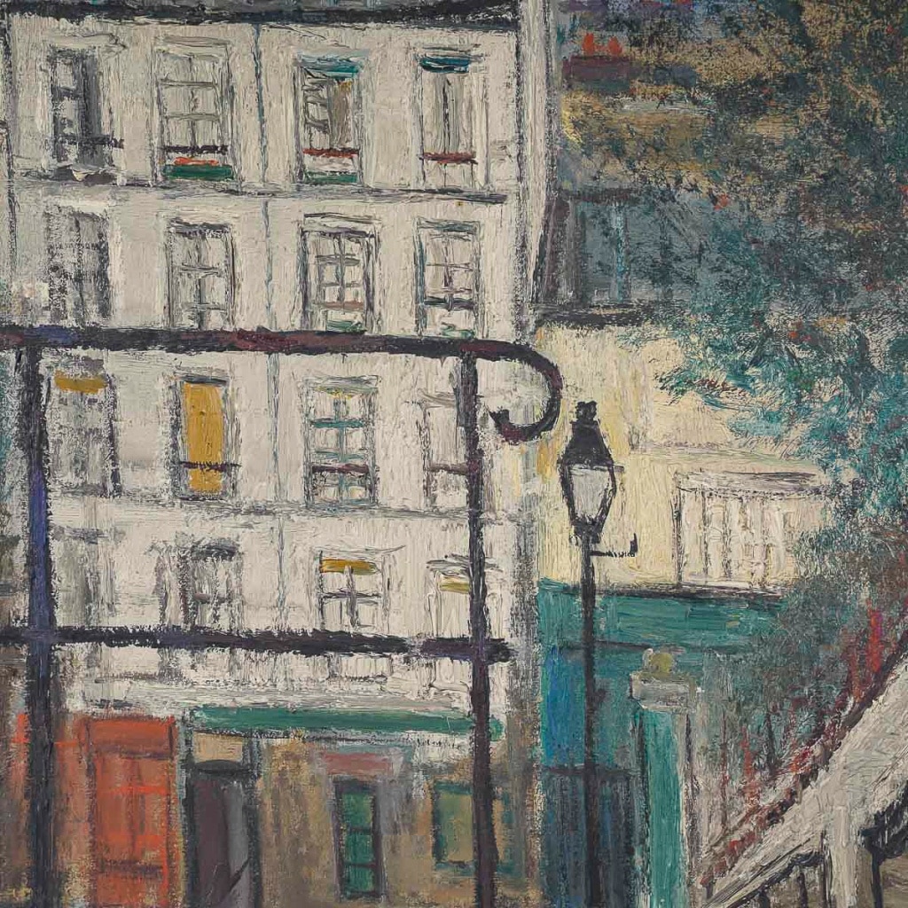 Serge Belloni (1925-2005) L’escalier de la rue du Calvaire à Montmartre huile sur toile vers 1953 | Biron 