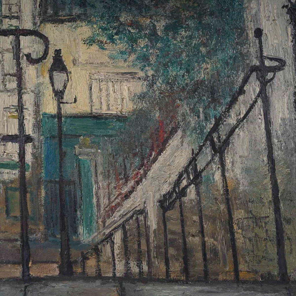 Serge Belloni (1925-2005) L’escalier de la rue du Calvaire à Montmartre huile sur toile vers 1953 | Biron 