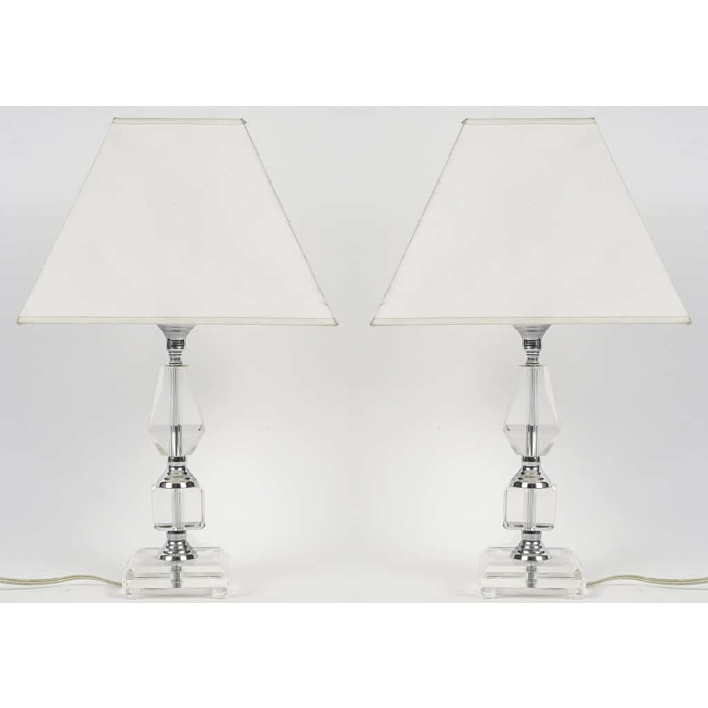 Paire De Lampes Vintage En Cristal Taillé Et Métal Chromé – Style Art Déco XXᵉ – Bon État | Biron 