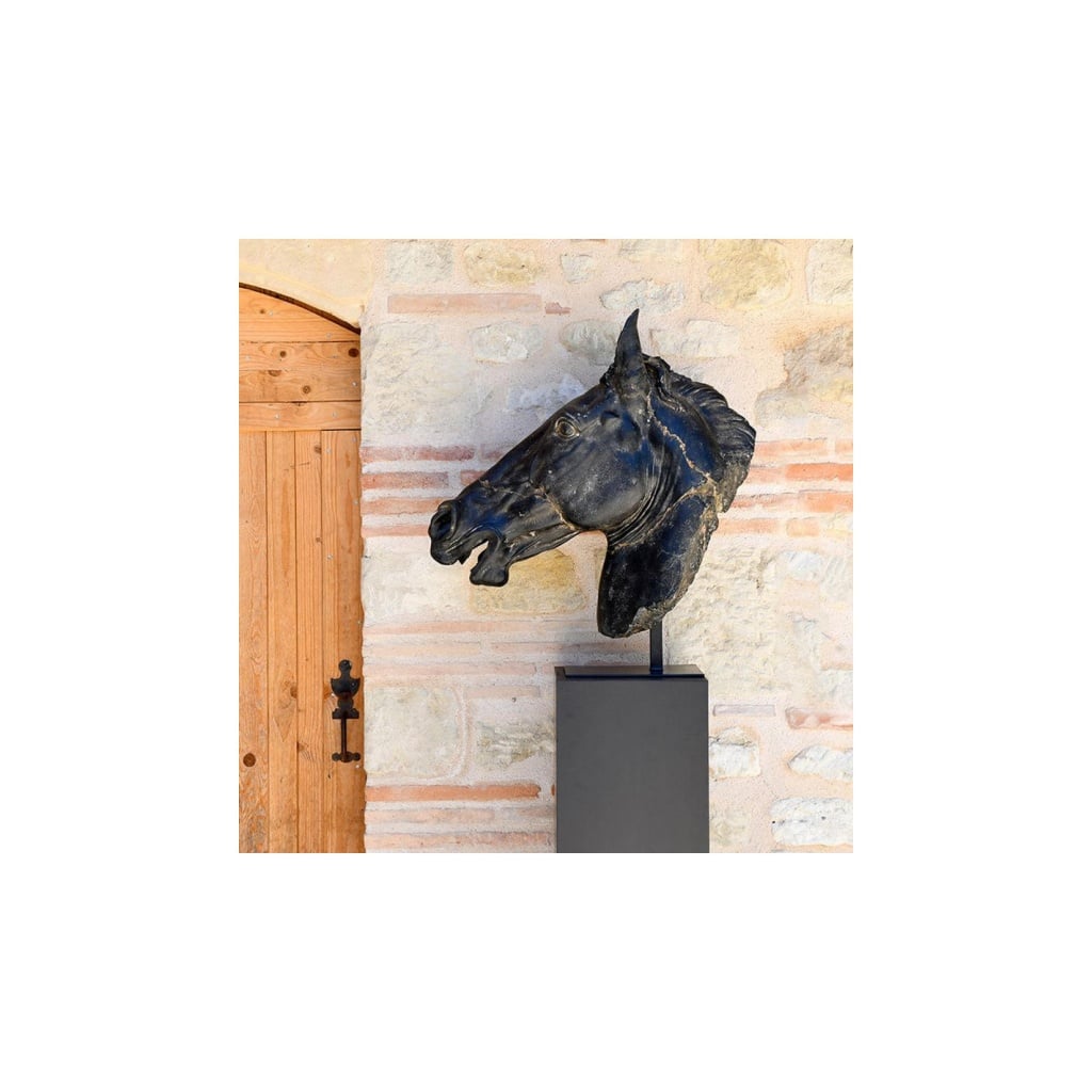 Grande sculpture d’une tête de cheval noir | Biron 