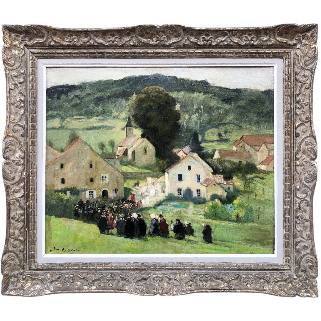 HERVE Jules Peinture Française 20è Langres Procession à Brevoines Huile sur Toile Signée Certificat D’authenticité | Biron 