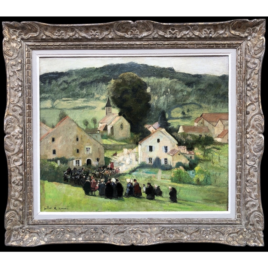 HERVE Jules Peinture Française 20è Langres Procession à Brevoines Huile sur Toile Signée Certificat D’authenticité | Biron 