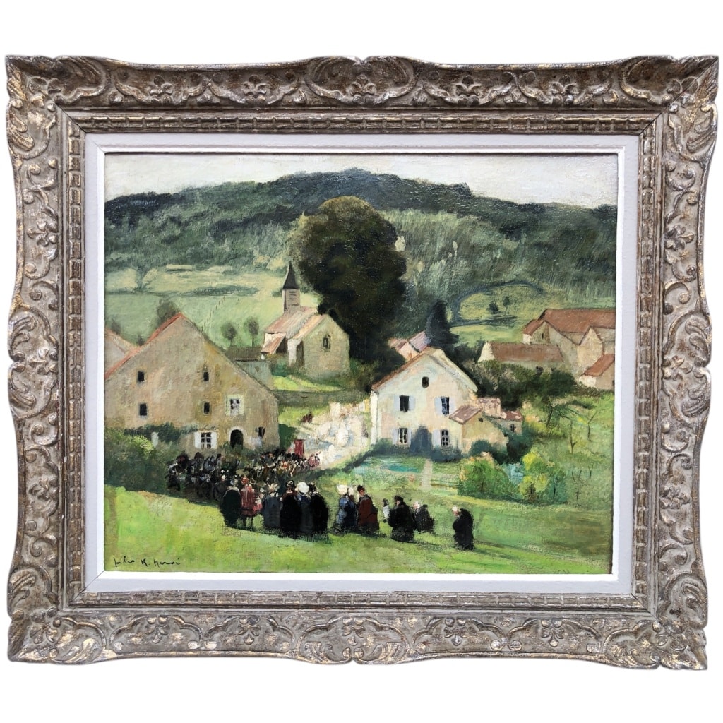HERVE Jules Peinture Française 20è Langres Procession à Brevoines Huile sur Toile Signée Certificat D’authenticité | Biron 