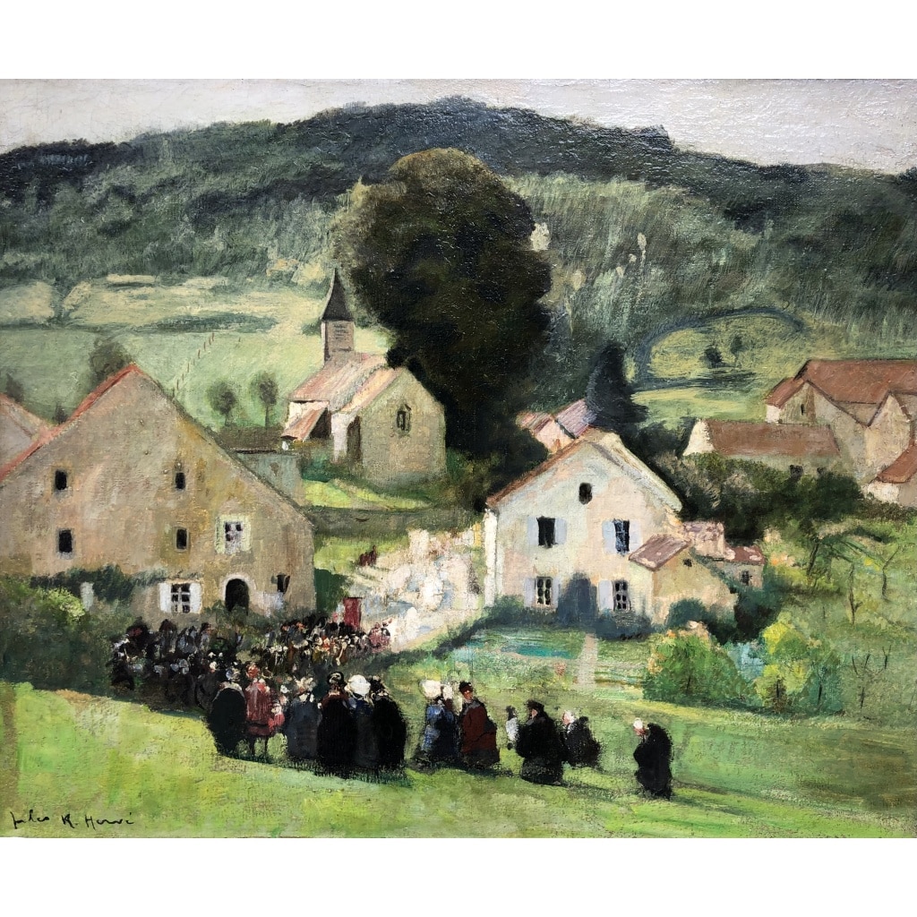 HERVE Jules Peinture Française 20è Langres Procession à Brevoines Huile sur Toile Signée Certificat D’authenticité | Biron 