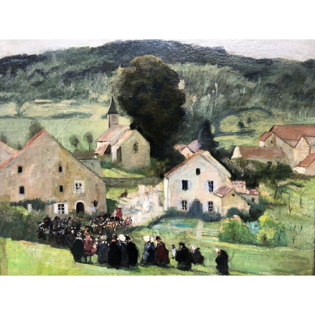 HERVE Jules Peinture Française 20è Langres Procession à Brevoines Huile sur Toile Signée Certificat D’authenticité | Biron 