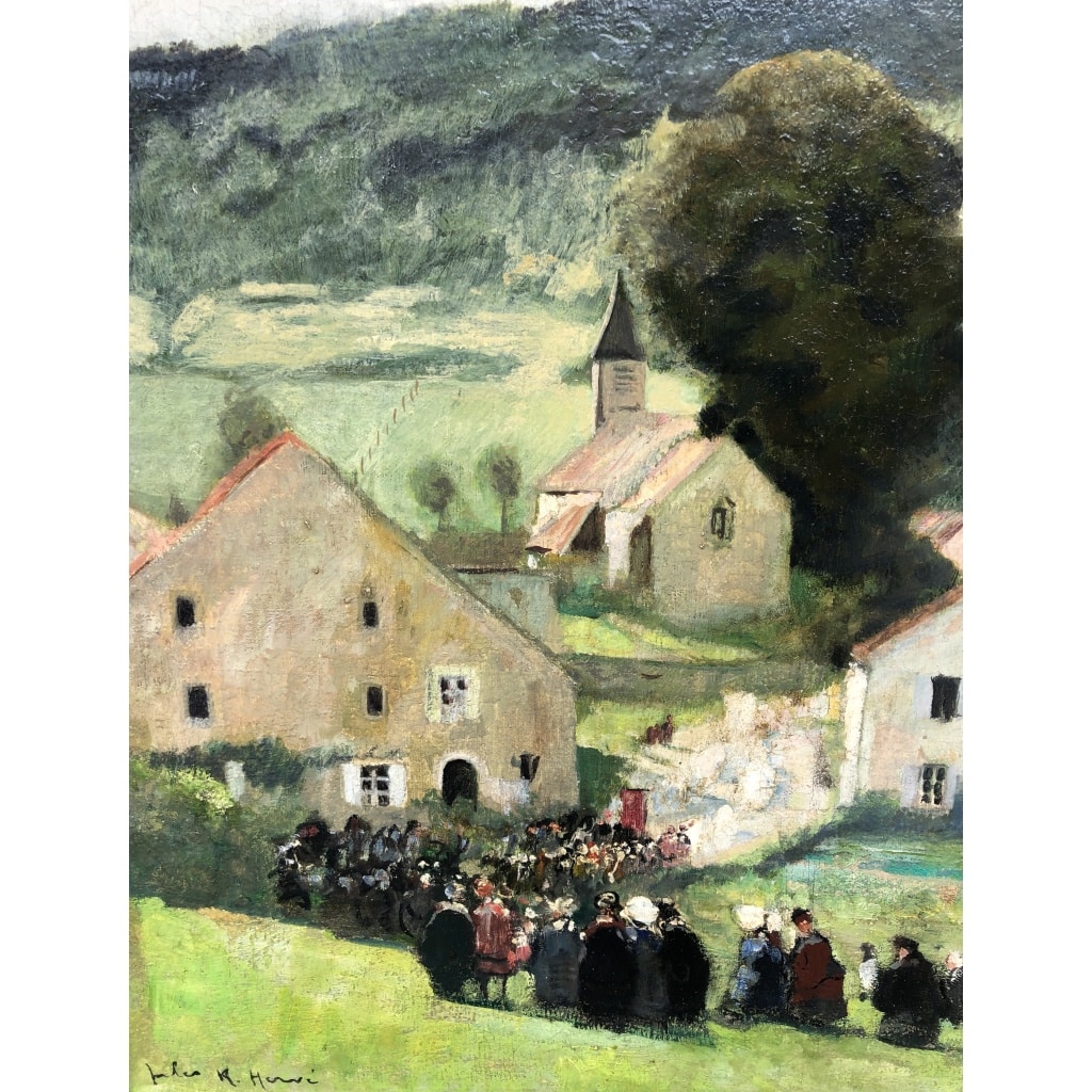 HERVE Jules Peinture Française 20è Langres Procession à Brevoines Huile sur Toile Signée Certificat D’authenticité | Biron 