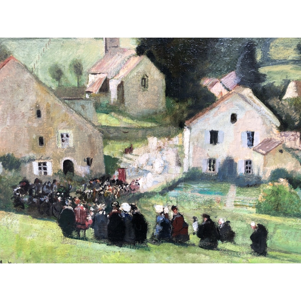 HERVE Jules Peinture Française 20è Langres Procession à Brevoines Huile sur Toile Signée Certificat D’authenticité | Biron 