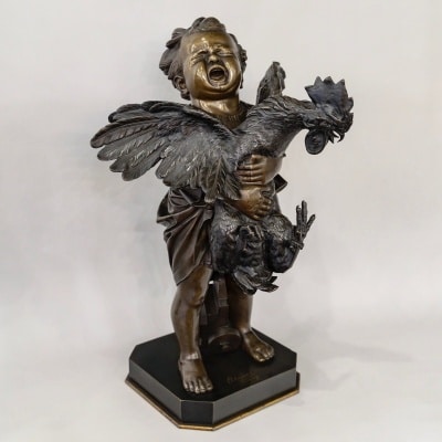 Sculpture - L’ Enfant Au Coq , Adriano Cecioni (1838-1886) - Bronze