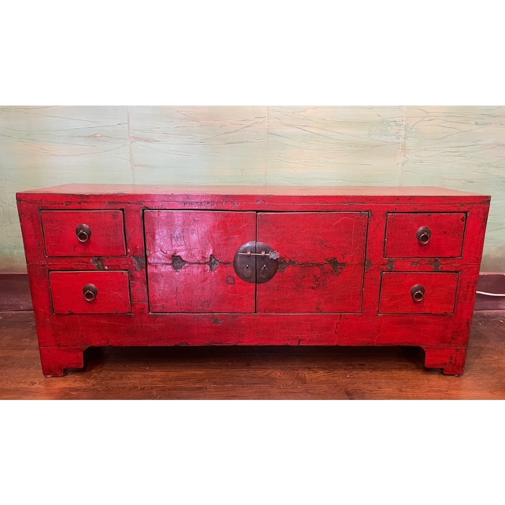 Meuble bas ancien chinois laqué rouge | Biron 