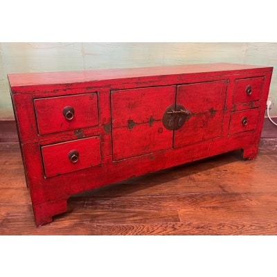 Meuble bas ancien chinois laqué rouge