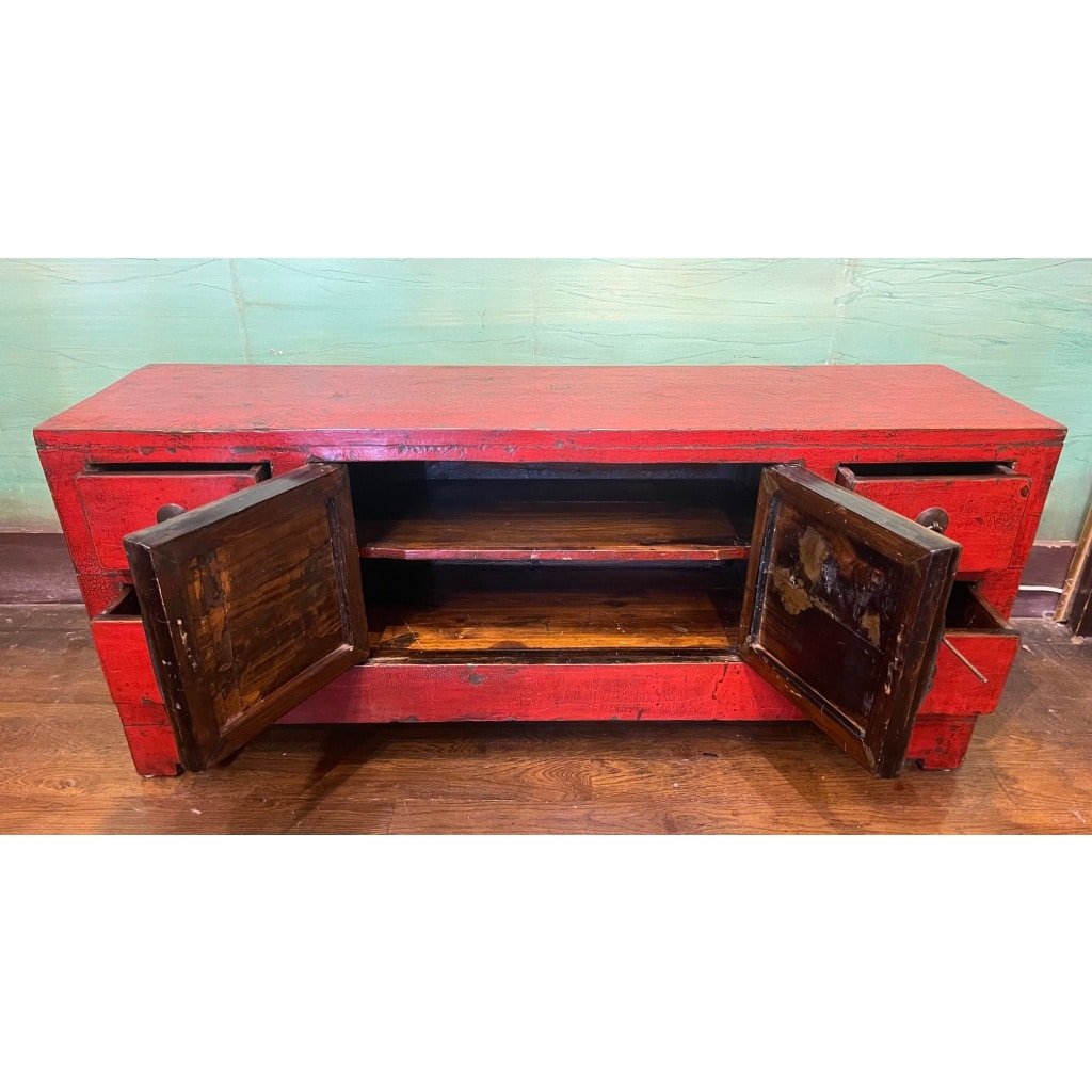 Meuble bas ancien chinois laqué rouge | Biron 