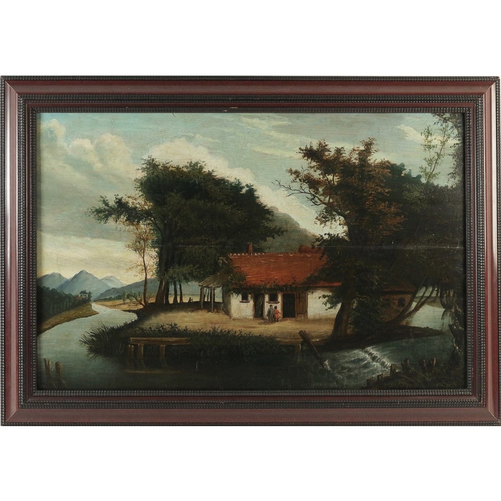 École Flamande du XVIIIème siècle, Huile sur Bois, La Maison au bord de la Rivière | Biron 