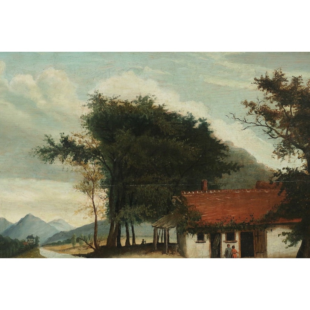 École Flamande du XVIIIème siècle, Huile sur Bois, La Maison au bord de la Rivière | Biron 