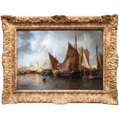 NOEL Jules Tableau Français Ancien 19è Port En Normandie Huile Sur Toile Signée Et Datée Certificat d'authenticité