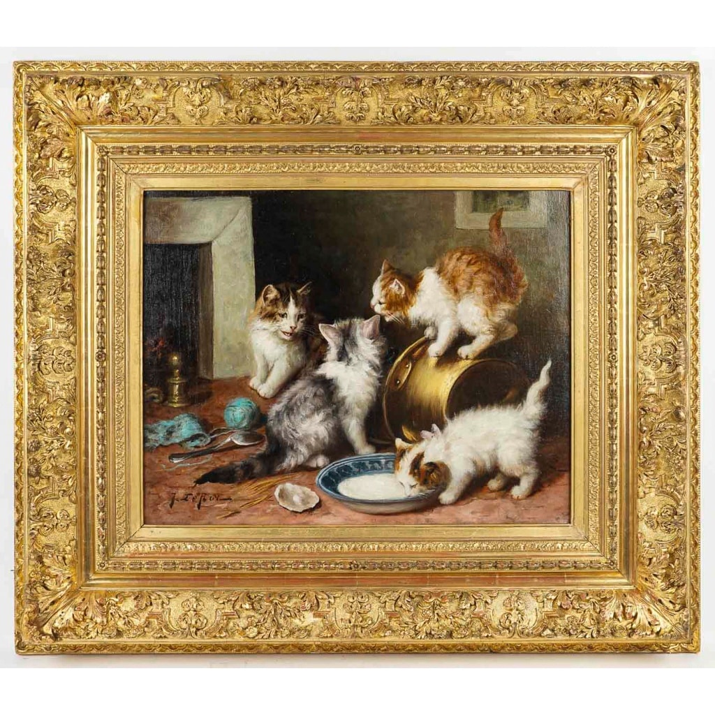Jules Gustave Leroy (1856-1921) Jeux de chats, huile sur toile vers 1890-1900 | Biron 