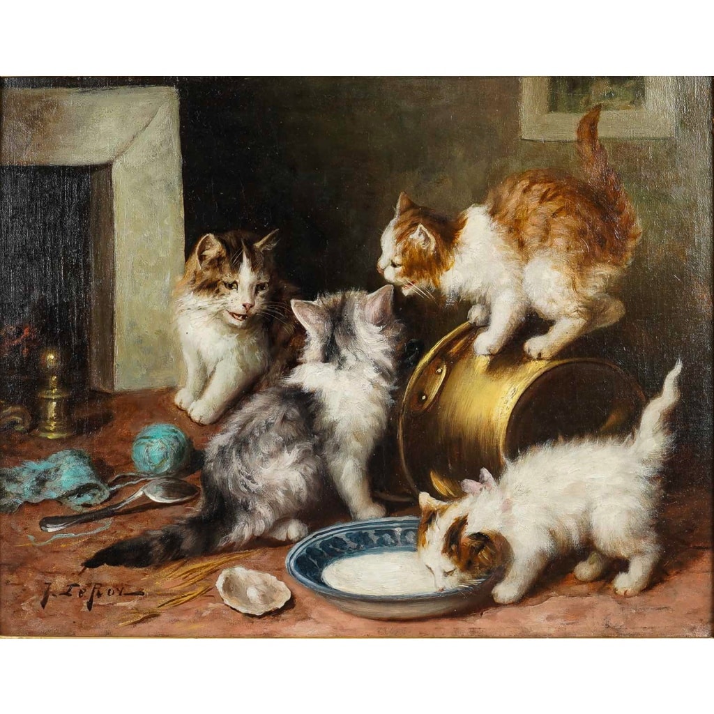 Jules Gustave Leroy (1856-1921) Jeux de chats, huile sur toile vers 1890-1900 | Biron 
