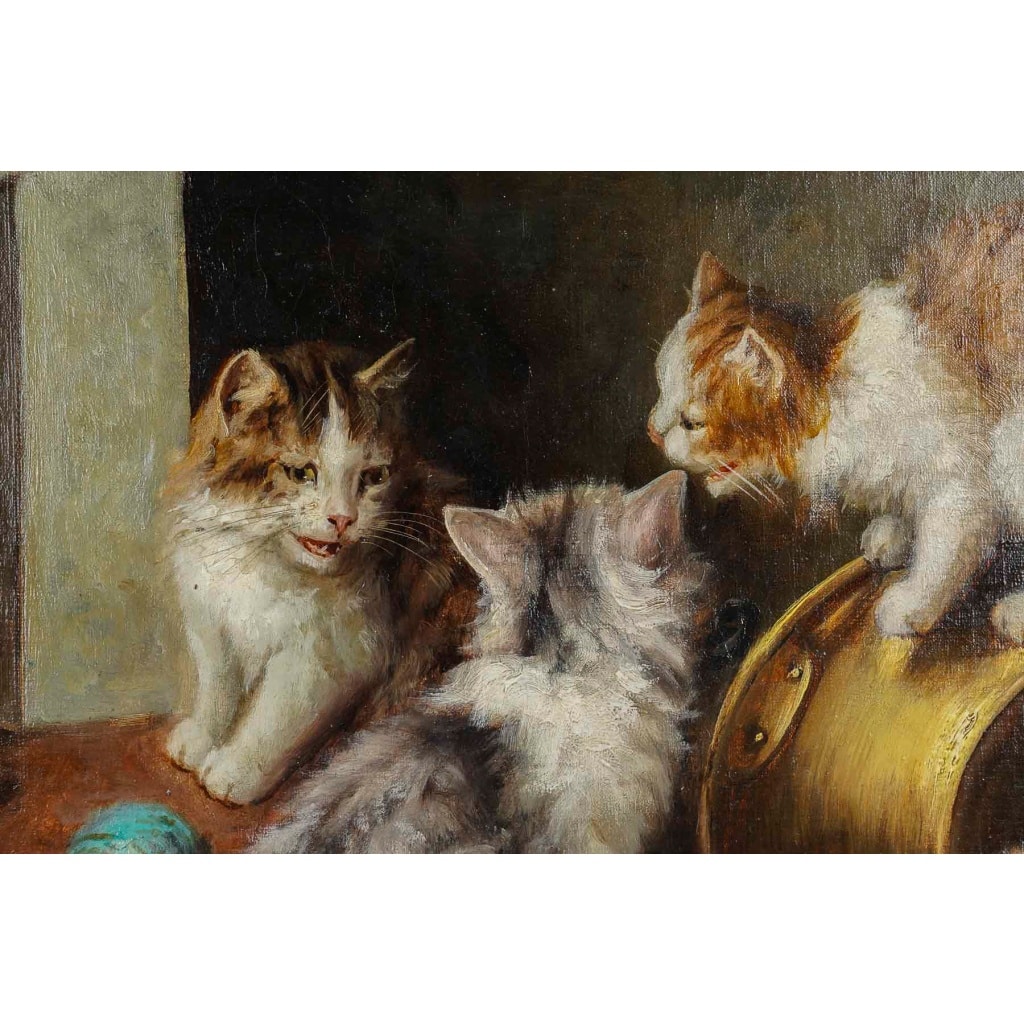 Jules Gustave Leroy (1856-1921) Jeux de chats, huile sur toile vers 1890-1900 | Biron 